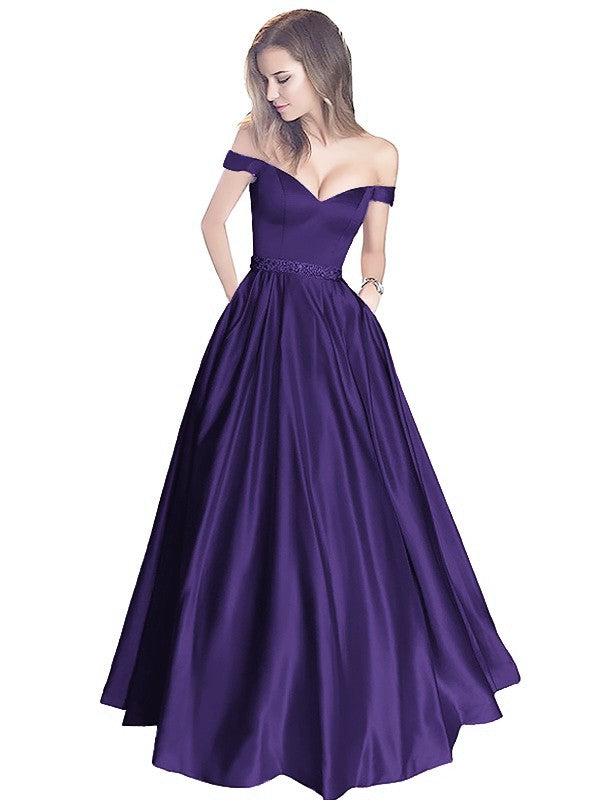 A-Line Off-the-Shoulder Sleeveless Floor-Length Satin With Beading Prom Dress