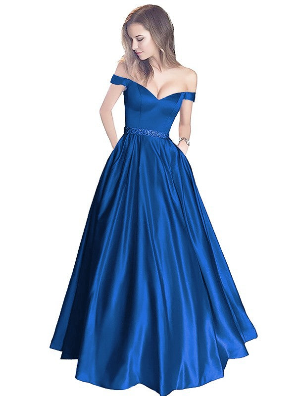 A-Line Off-the-Shoulder Sleeveless Floor-Length Satin With Beading Prom Dress