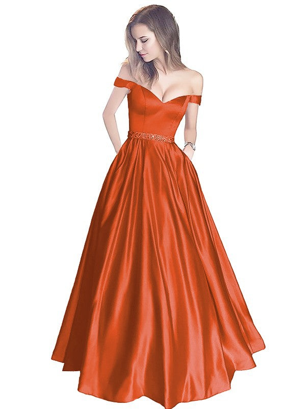 A-Line Off-the-Shoulder Sleeveless Floor-Length Satin With Beading Prom Dress
