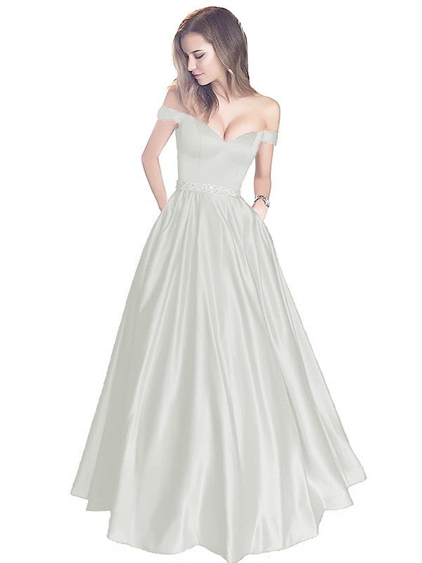 A-Line Off-the-Shoulder Sleeveless Floor-Length Satin With Beading Prom Dress