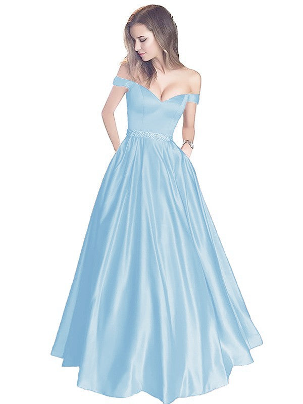 A-Line Off-the-Shoulder Sleeveless Floor-Length Satin With Beading Prom Dress