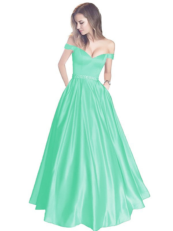 A-Line Off-the-Shoulder Sleeveless Floor-Length Satin With Beading Prom Dress