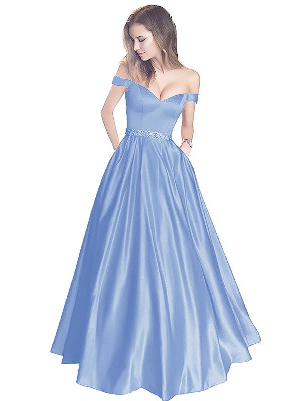 A-Line Off-the-Shoulder Sleeveless Floor-Length Satin With Beading Prom Dress