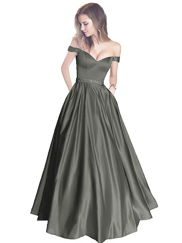 A-Line Off-the-Shoulder Sleeveless Floor-Length Satin With Beading Prom Dress