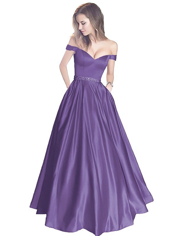 A-Line Off-the-Shoulder Sleeveless Floor-Length Satin With Beading Prom Dress