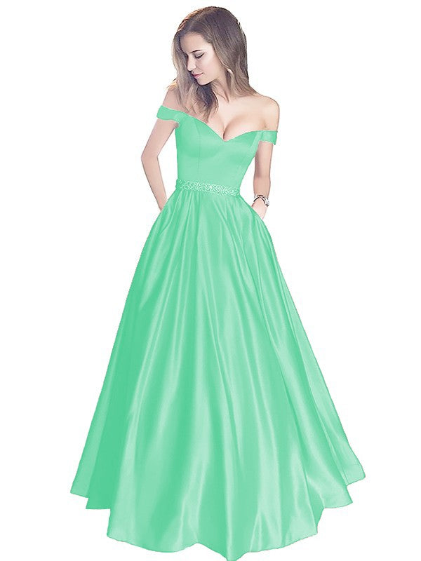 A-Line Off-the-Shoulder Sleeveless Floor-Length Satin With Beading Prom Dress