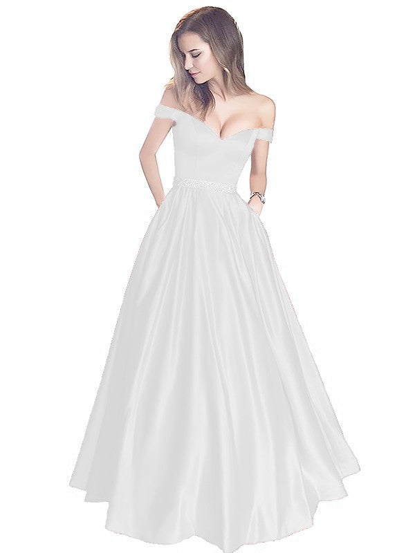 A-Line Off-the-Shoulder Sleeveless Floor-Length Satin With Beading Prom Dress