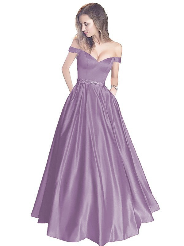 A-Line Off-the-Shoulder Sleeveless Floor-Length Satin With Beading Prom Dress