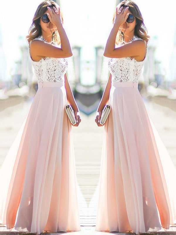 A-Line Jewel Sleeveless Floor-Length With Lace Chiffon Prom Dress