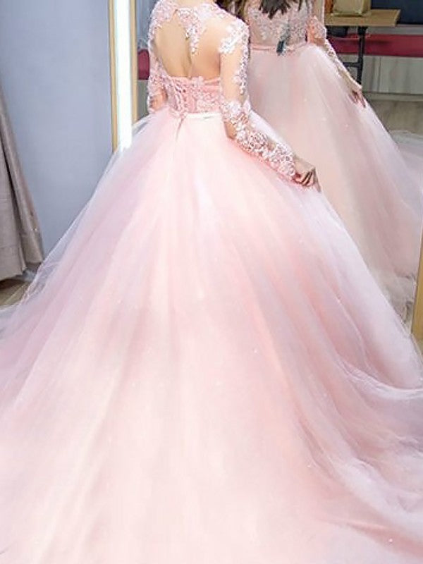 Ball Gown Jewel Long Sleeves Sweep/Brush Train With Lace Tulle Prom Dress