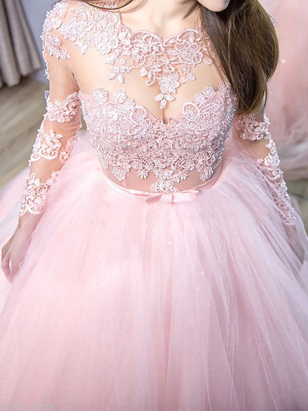 Ball Gown Jewel Long Sleeves Sweep/Brush Train With Lace Tulle Prom Dress