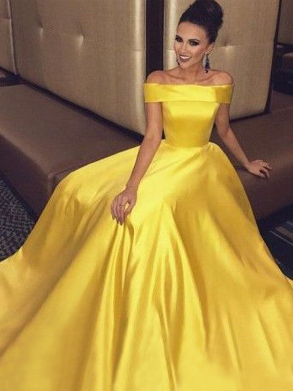 A-Line Off-the-Shoulder Sleeveless Sweep/Brush Train With Ruffles Satin Prom Dress