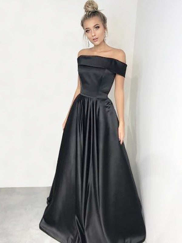 A-Line Off-the-Shoulder Sleeveless Sweep/Brush Train With Ruffles Satin Prom Dress