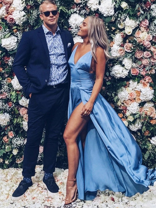 A-Line V-neck Sleeveless Floor-Length With Ruffles Silk?like?Satin Prom Dress