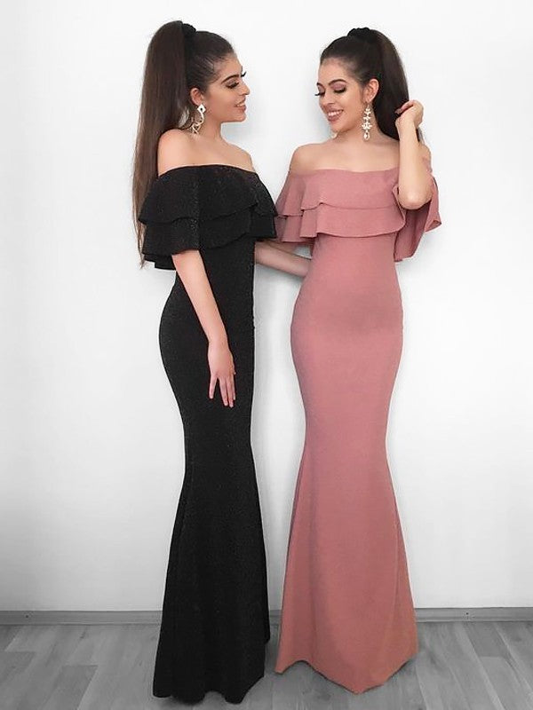 Sheath Off-the-Shoulder Sleeveless Floor-Length With Ruffles Stretch Crepe Prom Dress