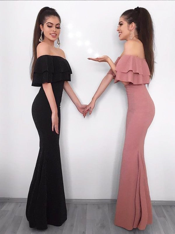 Sheath Off-the-Shoulder Sleeveless Floor-Length With Ruffles Stretch Crepe Prom Dress
