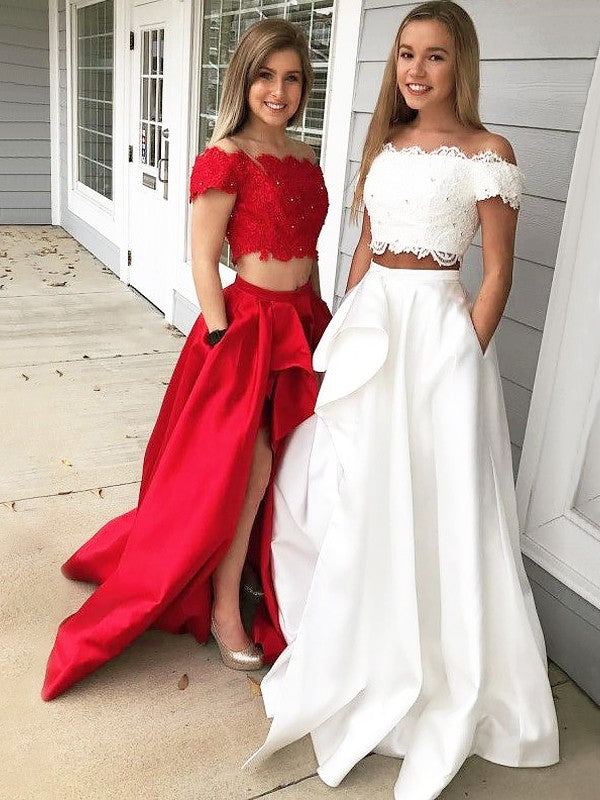 A-Line Off-the-Shoulder Sleeveless Sweep/Brush Train With Lace Satin Two Piece Prom Dress