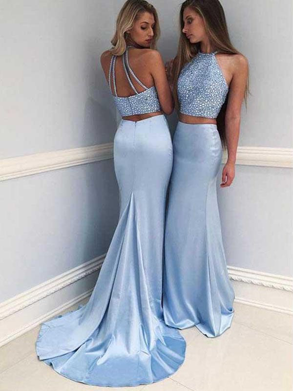 Sheath Halter Sleeveless Sweep/Brush Train With Beading Elastic Woven Satin Two Piece Prom Dress