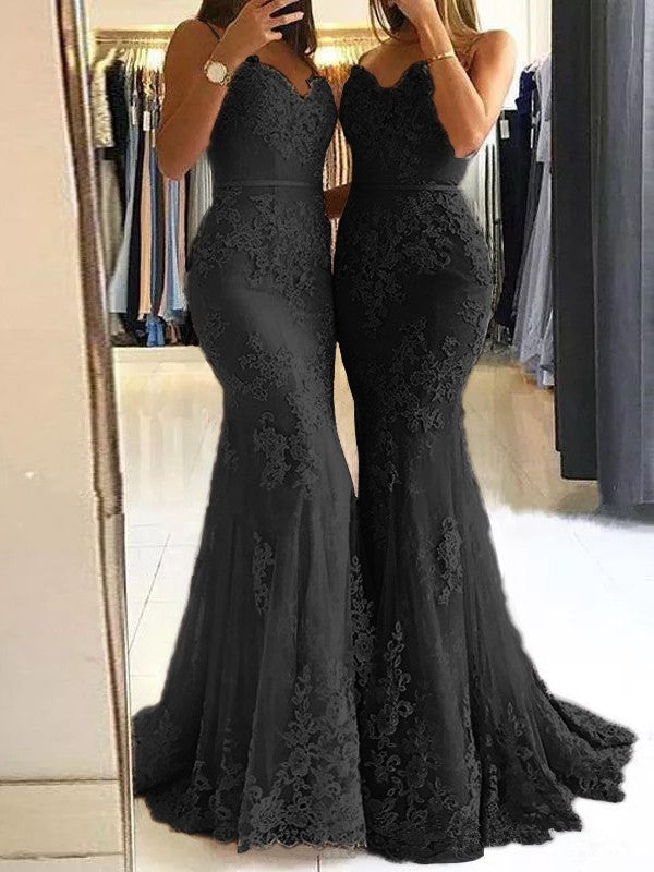Sheath Spaghetti Straps Sleeveless Sweep/Brush Train With Lace Tulle Prom Dress
