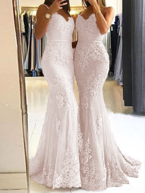 Sheath Spaghetti Straps Sleeveless Sweep/Brush Train With Lace Tulle Prom Dress
