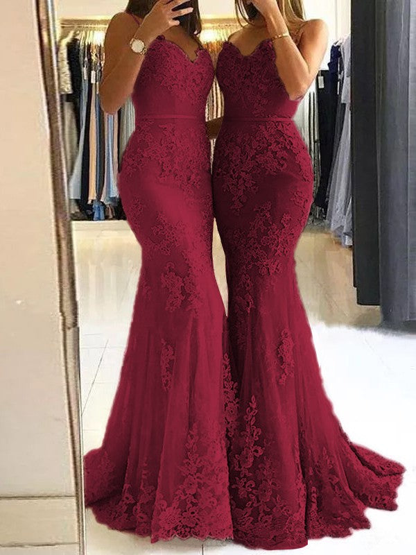 Sheath Spaghetti Straps Sleeveless Sweep/Brush Train With Lace Tulle Prom Dress