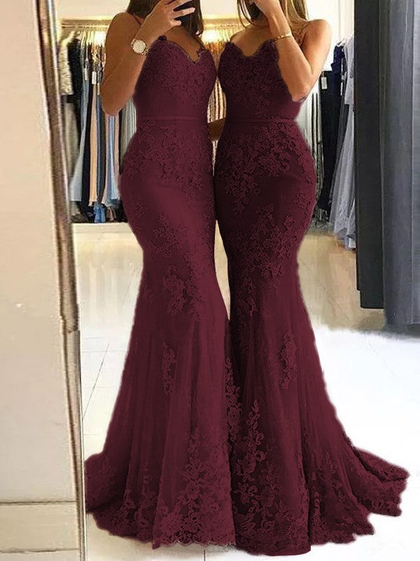 Sheath Spaghetti Straps Sleeveless Sweep/Brush Train With Lace Tulle Prom Dress