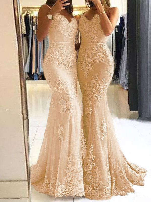 Sheath Spaghetti Straps Sleeveless Sweep/Brush Train With Lace Tulle Prom Dress