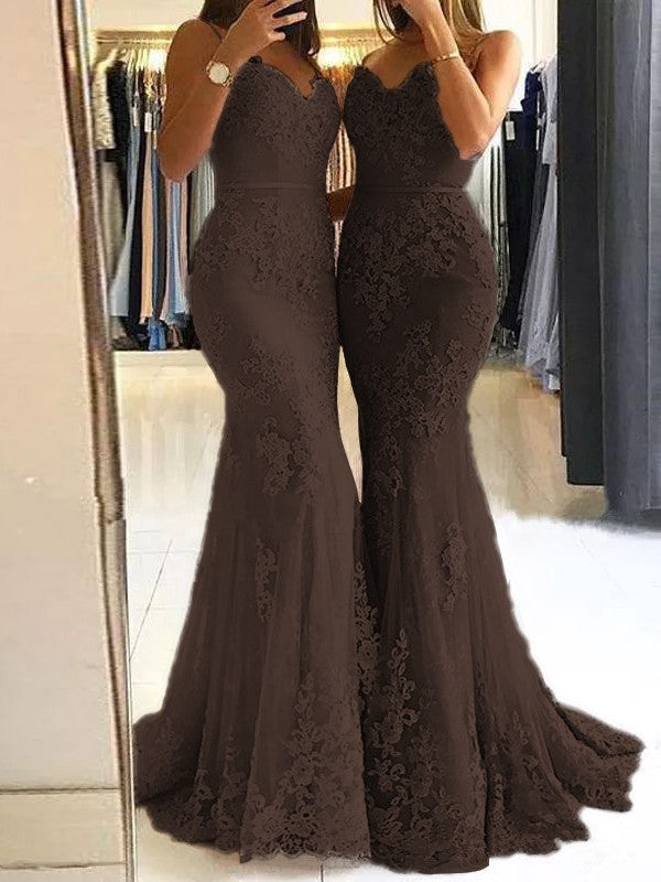 Sheath Spaghetti Straps Sleeveless Sweep/Brush Train With Lace Tulle Prom Dress