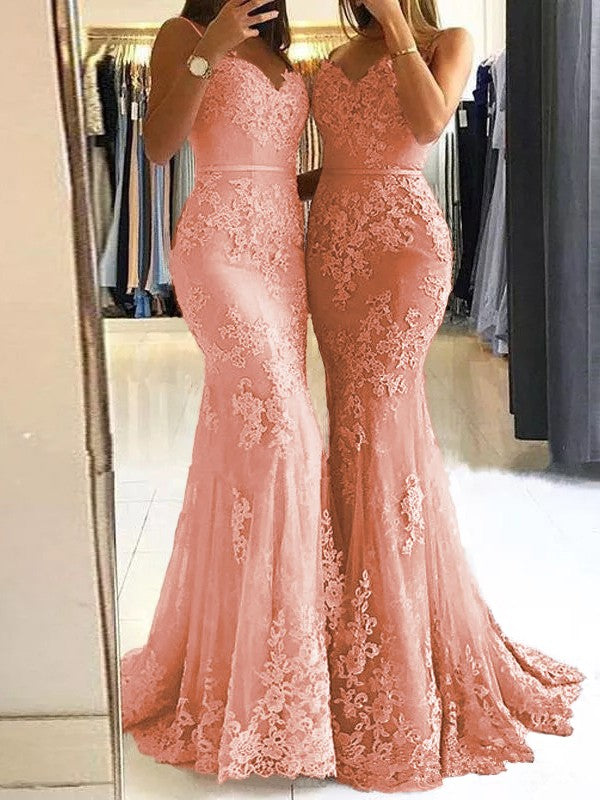 Sheath Spaghetti Straps Sleeveless Sweep/Brush Train With Lace Tulle Prom Dress