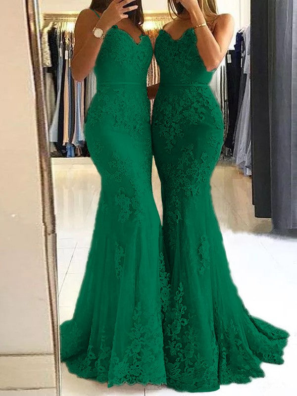 Sheath Spaghetti Straps Sleeveless Sweep/Brush Train With Lace Tulle Prom Dress