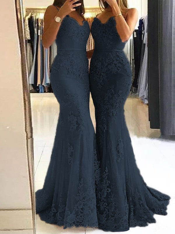 Sheath Spaghetti Straps Sleeveless Sweep/Brush Train With Lace Tulle Prom Dress