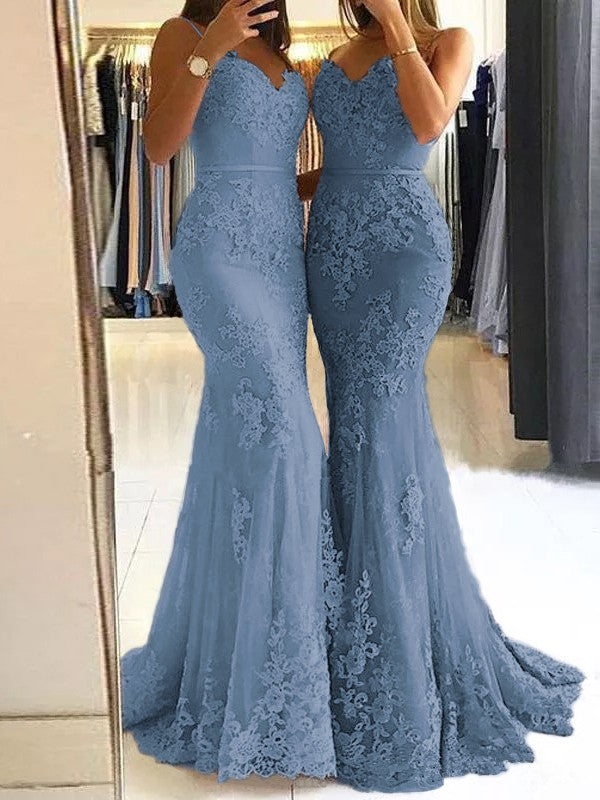 Sheath Spaghetti Straps Sleeveless Sweep/Brush Train With Lace Tulle Prom Dress