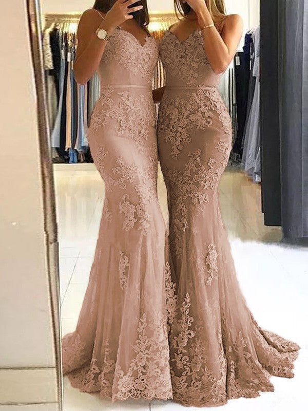 Sheath Spaghetti Straps Sleeveless Sweep/Brush Train With Lace Tulle Prom Dress
