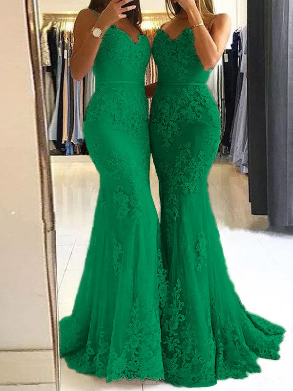 Sheath Spaghetti Straps Sleeveless Sweep/Brush Train With Lace Tulle Prom Dress