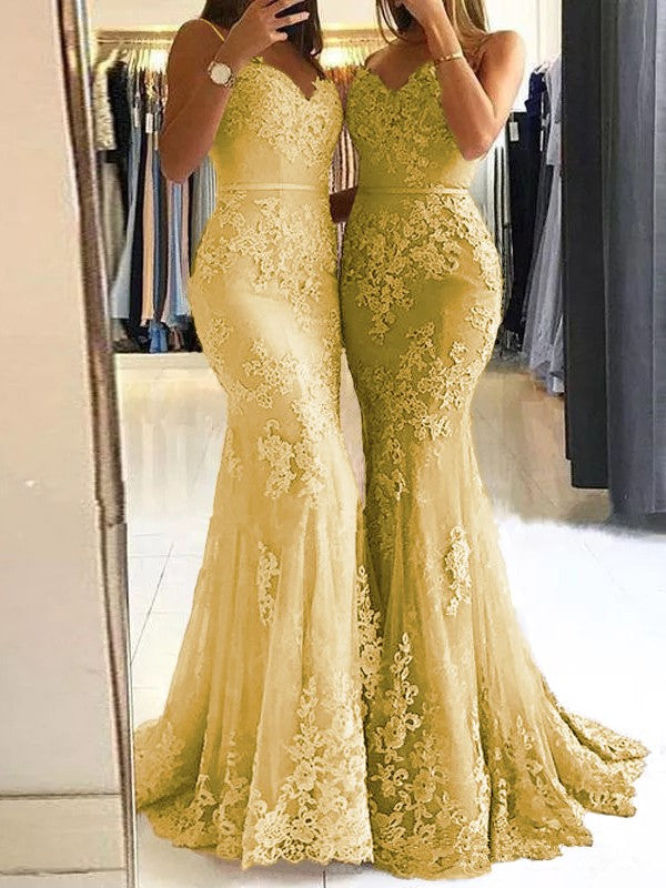 Sheath Spaghetti Straps Sleeveless Sweep/Brush Train With Lace Tulle Prom Dress