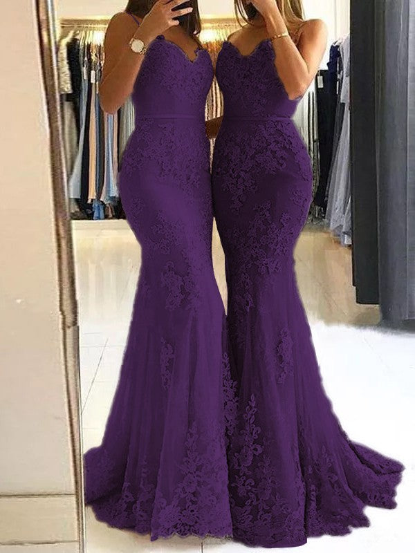 Sheath Spaghetti Straps Sleeveless Sweep/Brush Train With Lace Tulle Prom Dress