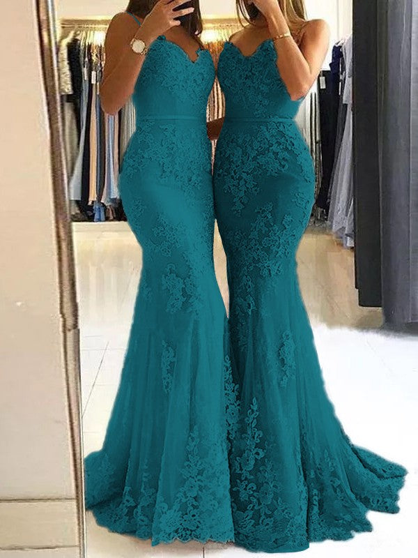 Sheath Spaghetti Straps Sleeveless Sweep/Brush Train With Lace Tulle Prom Dress