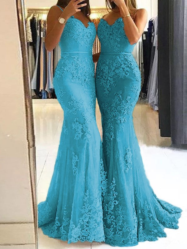 Sheath Spaghetti Straps Sleeveless Sweep/Brush Train With Lace Tulle Prom Dress