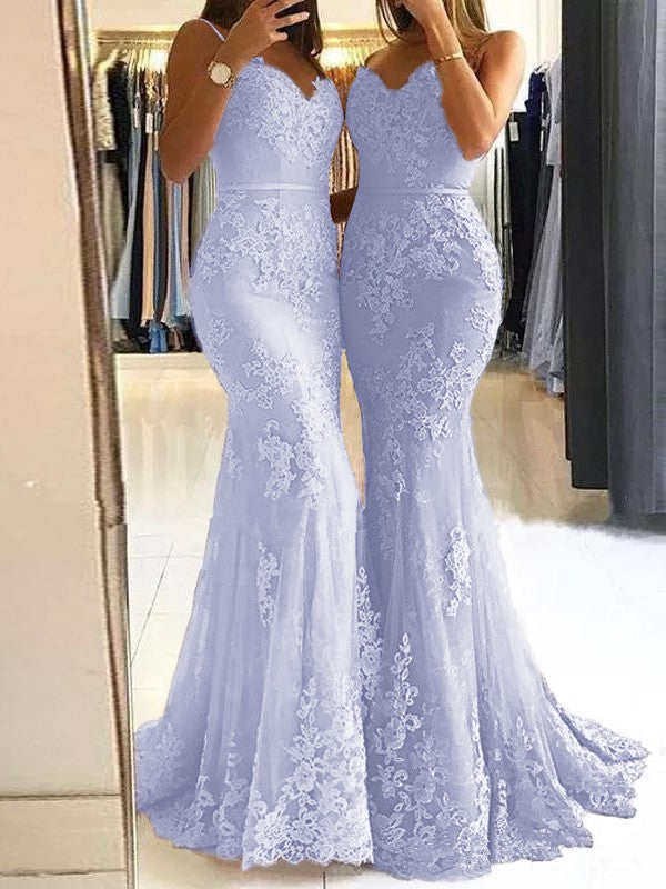 Sheath Spaghetti Straps Sleeveless Sweep/Brush Train With Lace Tulle Prom Dress