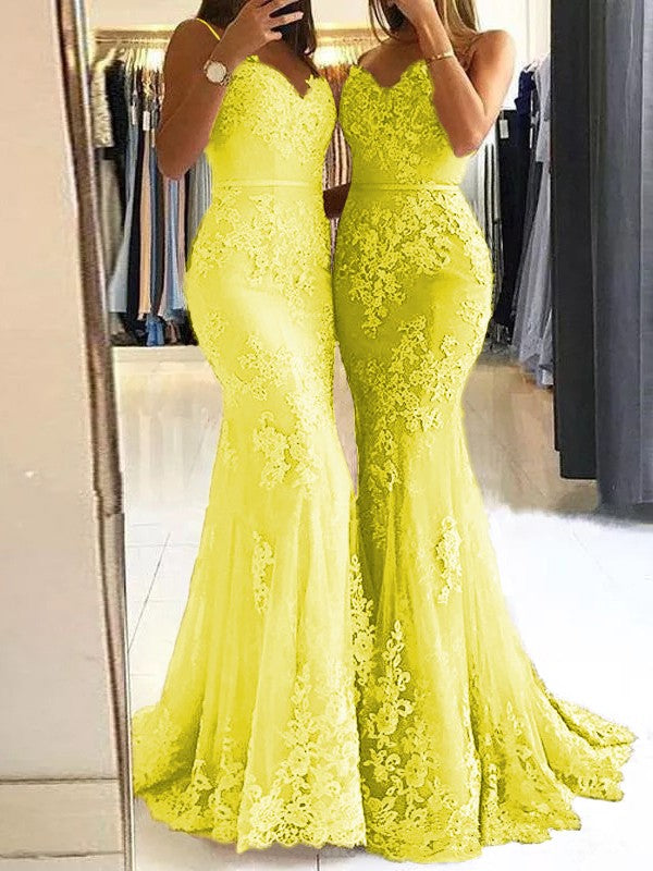 Sheath Spaghetti Straps Sleeveless Sweep/Brush Train With Lace Tulle Prom Dress