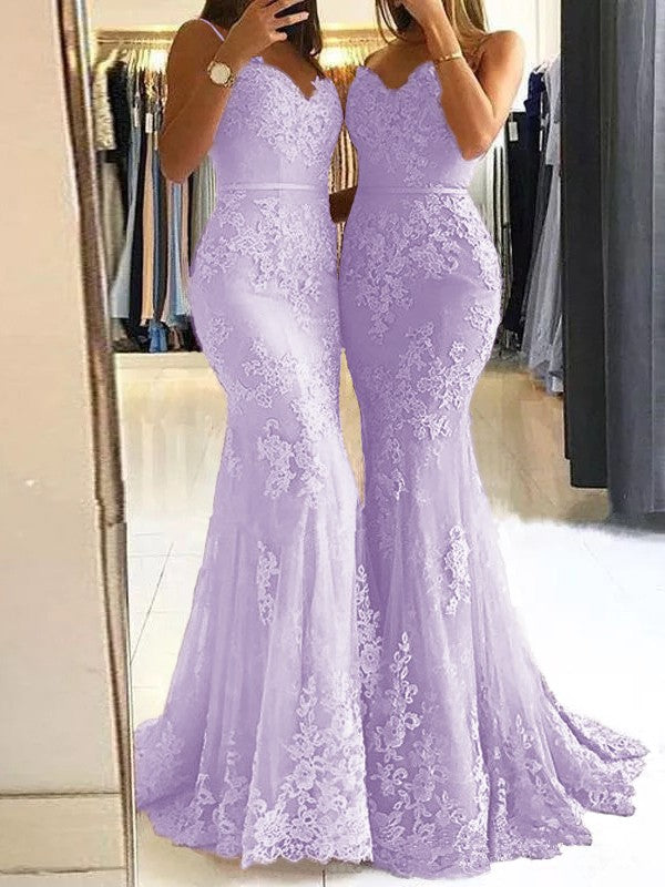 Sheath Spaghetti Straps Sleeveless Sweep/Brush Train With Lace Tulle Prom Dress