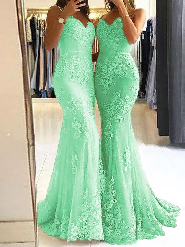 Sheath Spaghetti Straps Sleeveless Sweep/Brush Train With Lace Tulle Prom Dress