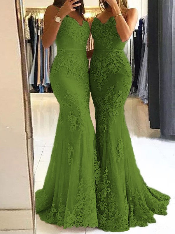 Sheath Spaghetti Straps Sleeveless Sweep/Brush Train With Lace Tulle Prom Dress