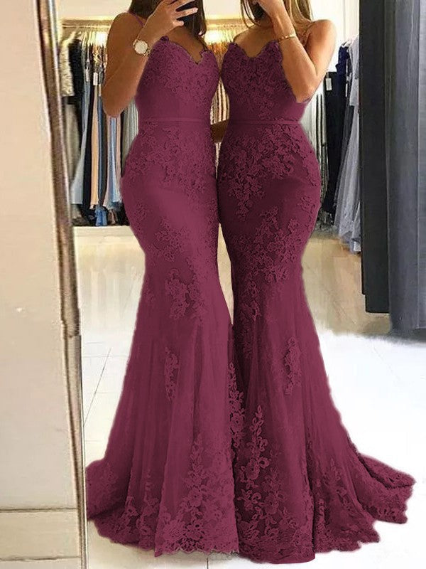 Sheath Spaghetti Straps Sleeveless Sweep/Brush Train With Lace Tulle Prom Dress