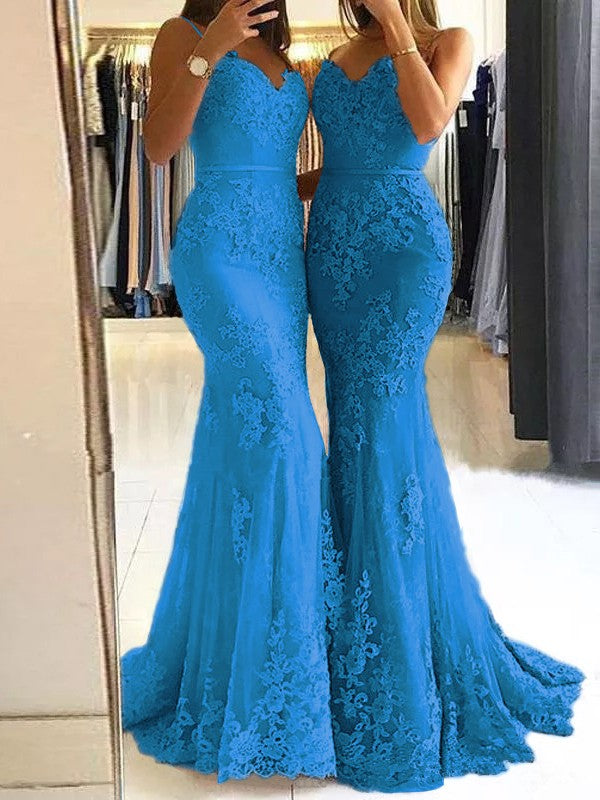 Sheath Spaghetti Straps Sleeveless Sweep/Brush Train With Lace Tulle Prom Dress