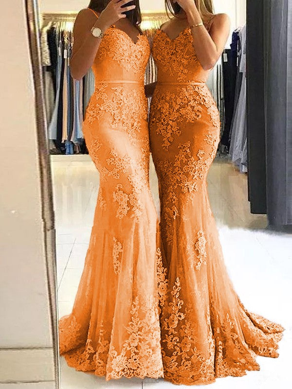 Sheath Spaghetti Straps Sleeveless Sweep/Brush Train With Lace Tulle Prom Dress