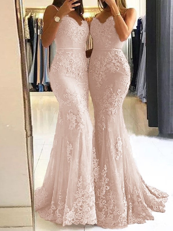 Sheath Spaghetti Straps Sleeveless Sweep/Brush Train With Lace Tulle Prom Dress