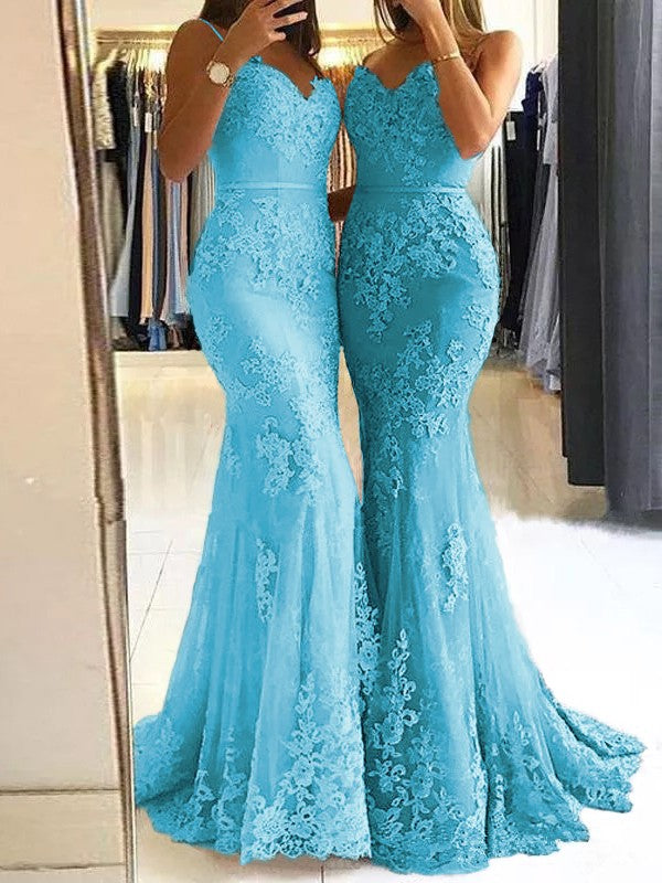 Sheath Spaghetti Straps Sleeveless Sweep/Brush Train With Lace Tulle Prom Dress