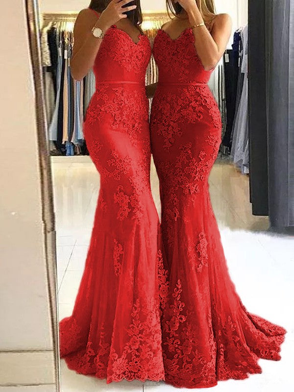 Sheath Spaghetti Straps Sleeveless Sweep/Brush Train With Lace Tulle Prom Dress