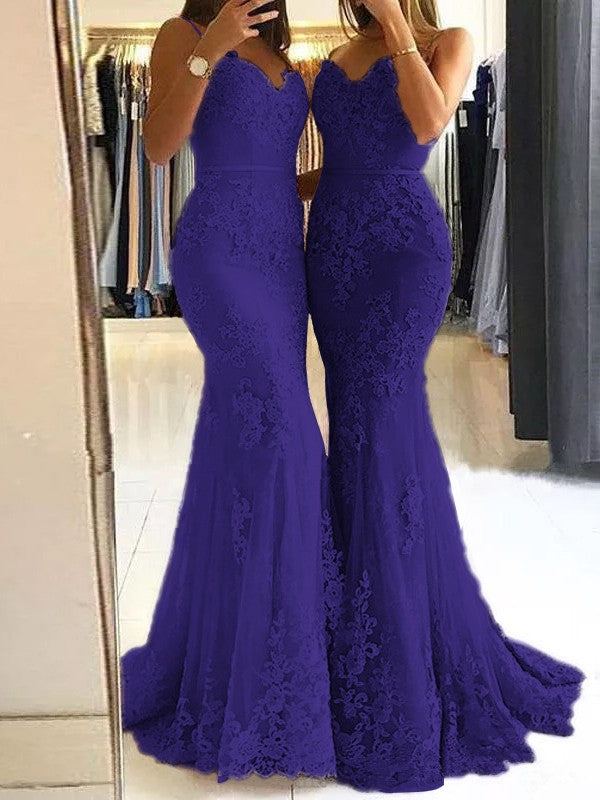 Sheath Spaghetti Straps Sleeveless Sweep/Brush Train With Lace Tulle Prom Dress